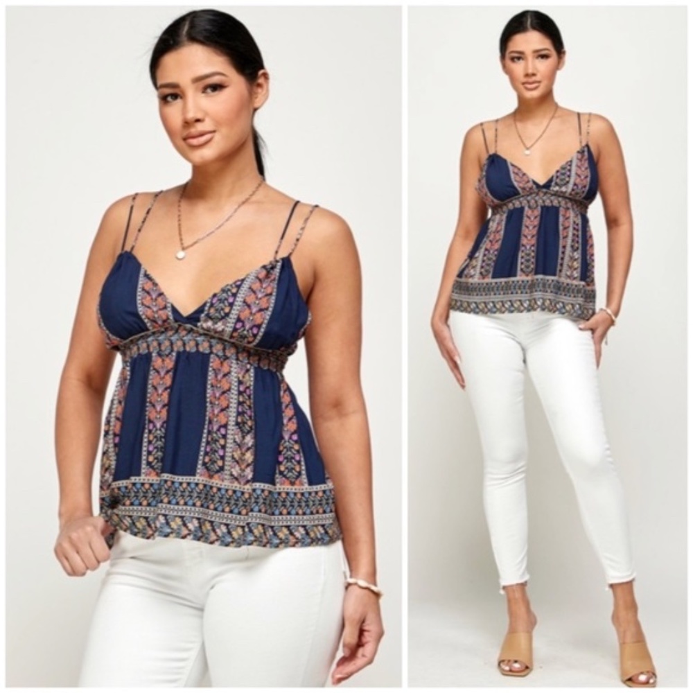 Navy Bohemian Border Floral Print Smocked Casual Cami Tank Top